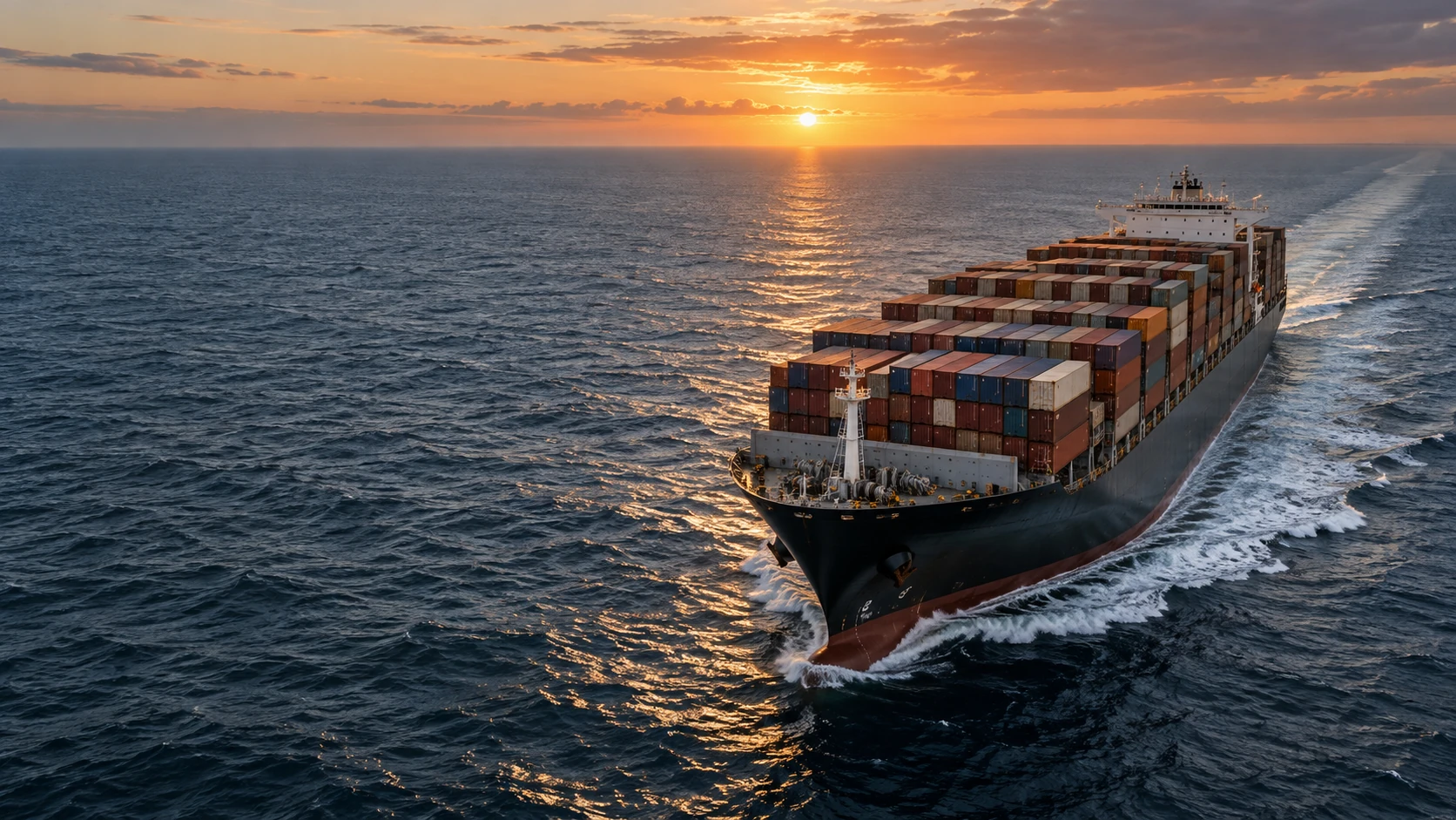Container ship crossing open water at dusk