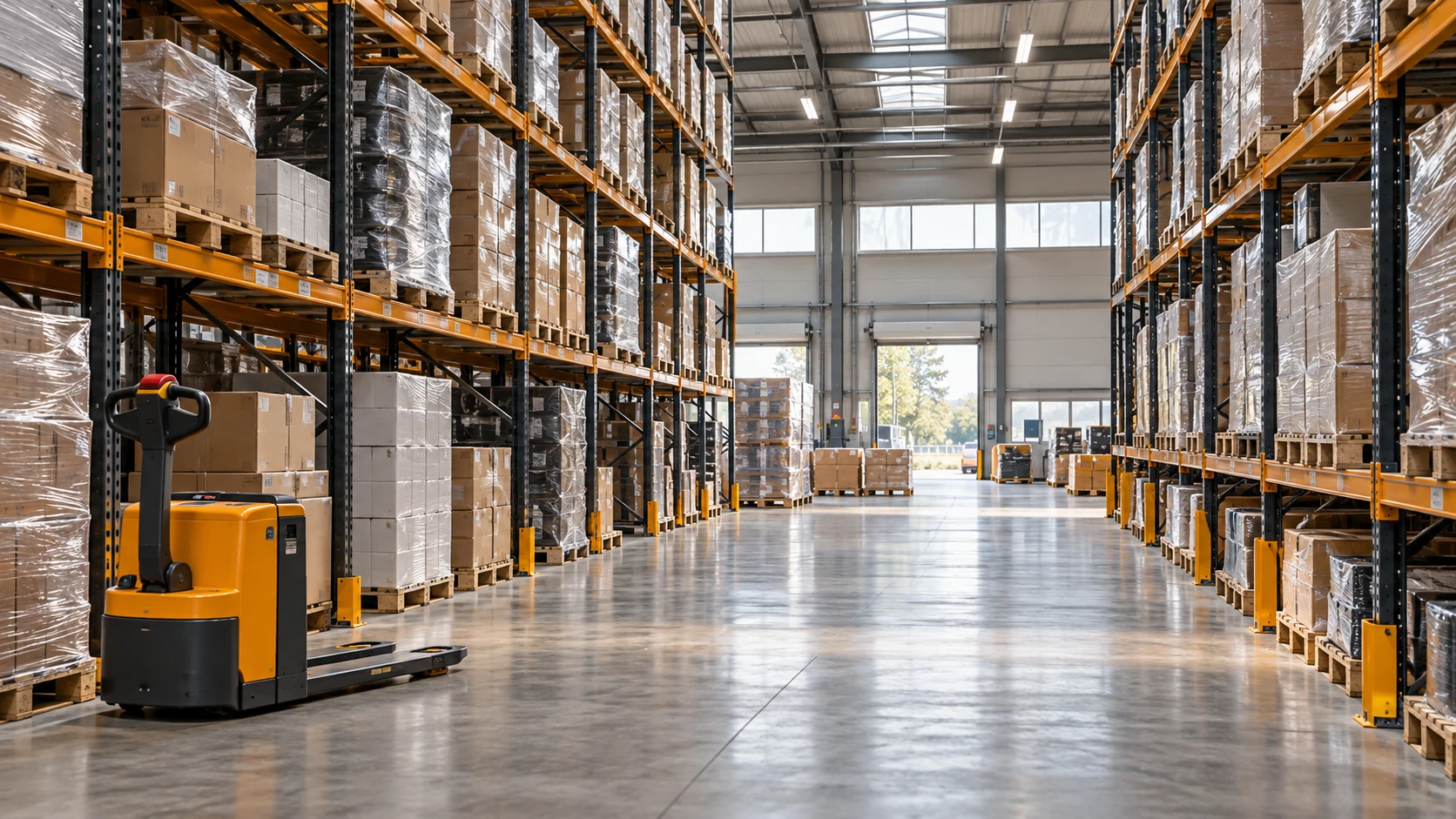 Palletised goods in an illustrative distribution warehouse