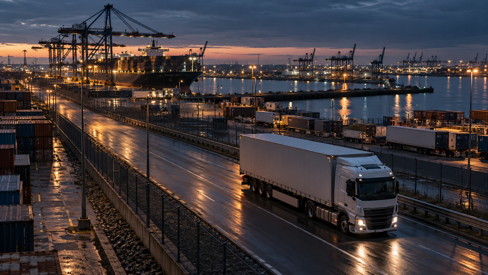 Illustrative port scene with a freight vehicle at dusk