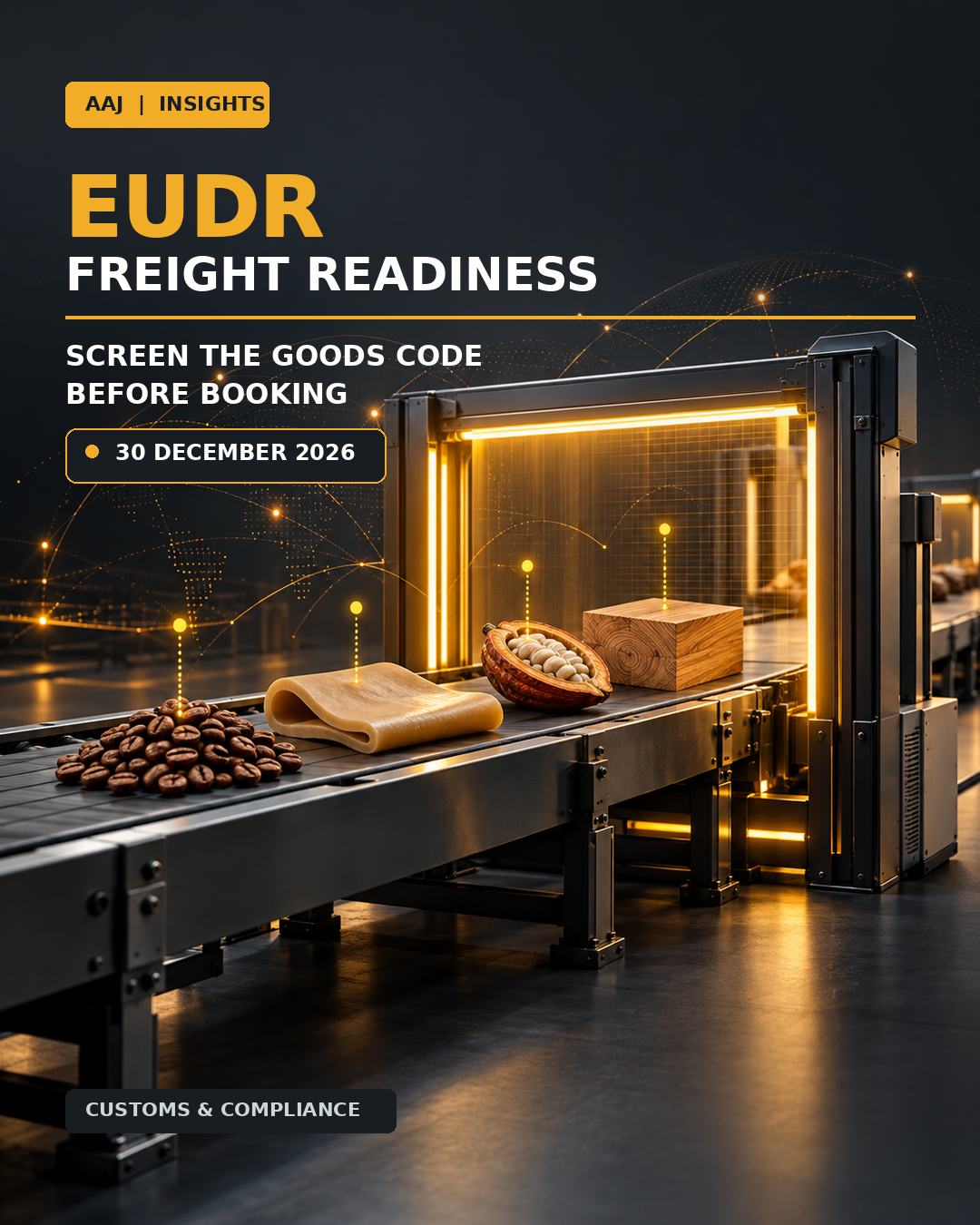 AAJ editorial graphic showing an EUDR shipment screening gate with product-code and origin-data cues, dated 30 December 2026.